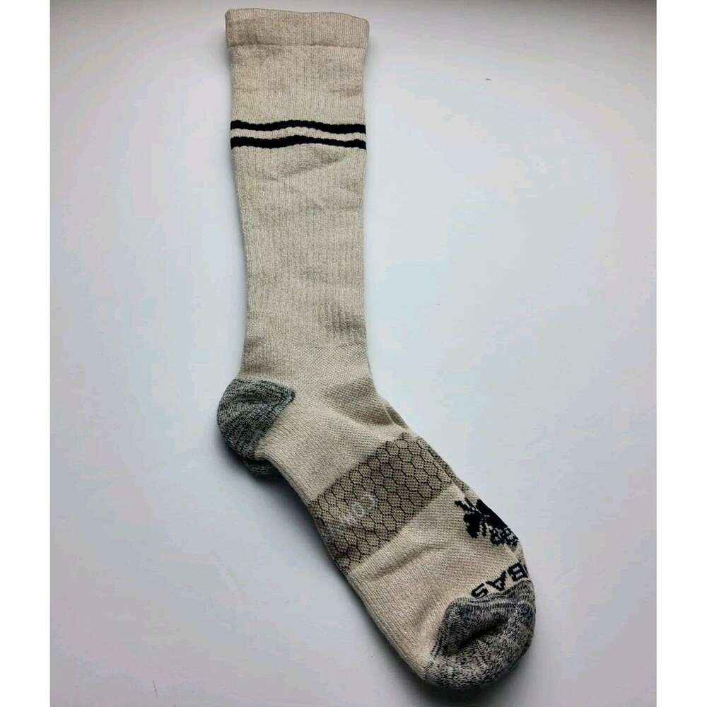 Bombas Cream Knee High Socks with Black Stripes and Gray Accents compression